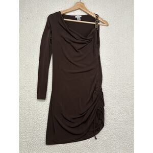 Caché Y2K One Sleeve Chocolate Dress Size S Ruched Gold Chain Asymmetric Bodycon